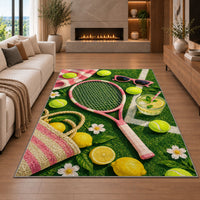 Summer Tennis Rug in a living room with a fireplace