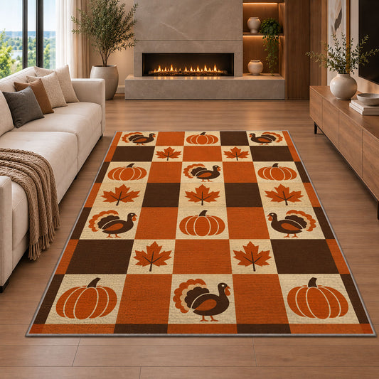 Retro Checkered Thanksgiving Rug in a living room with a fireplace