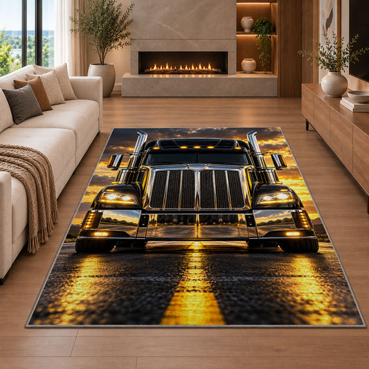 Chrome semi truck front rug in a living room with a fireplace