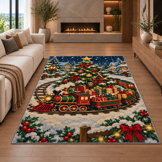 Christmas Train Rug in a living room with a fireplace