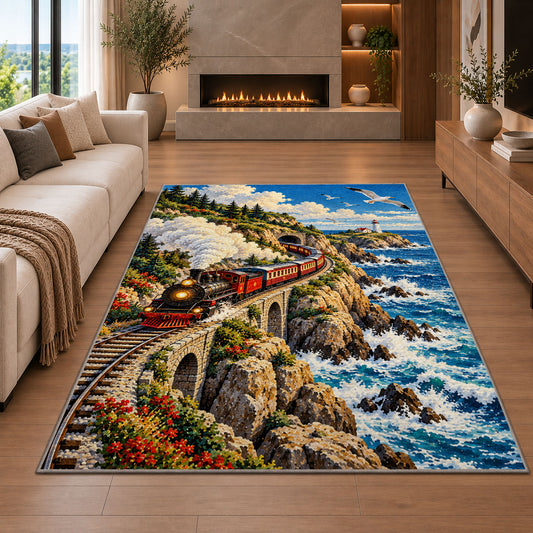 Coastal Train Rug in a living room with a fireplace