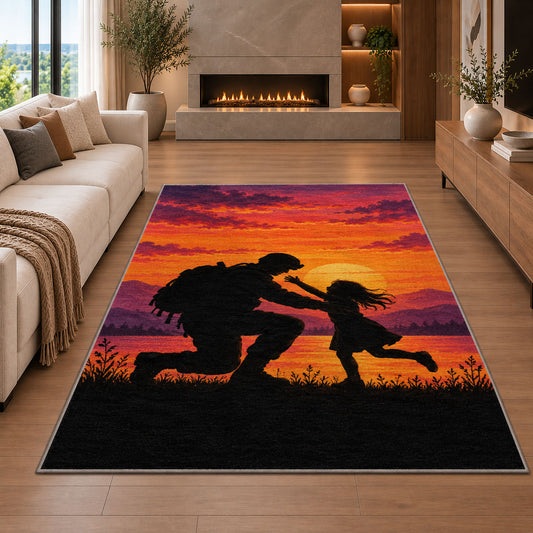 Soldier Homecoming rug in a living room with a fireplace