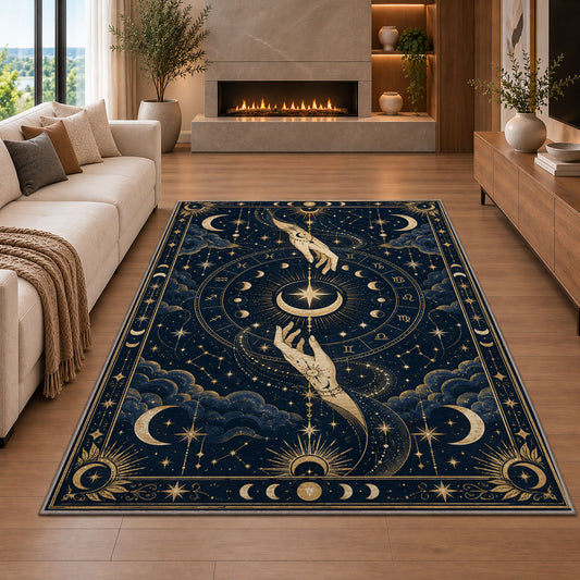 Mystic hands reaching for a crescent moon rug in a living room with a fireplace