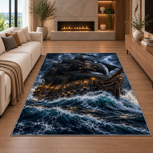Black pirate ship in a stormy sea rug in a living room with a fireplace