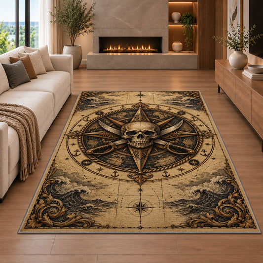 Sepia skull compass with crossed cutlasses rug in a living room with a fireplace