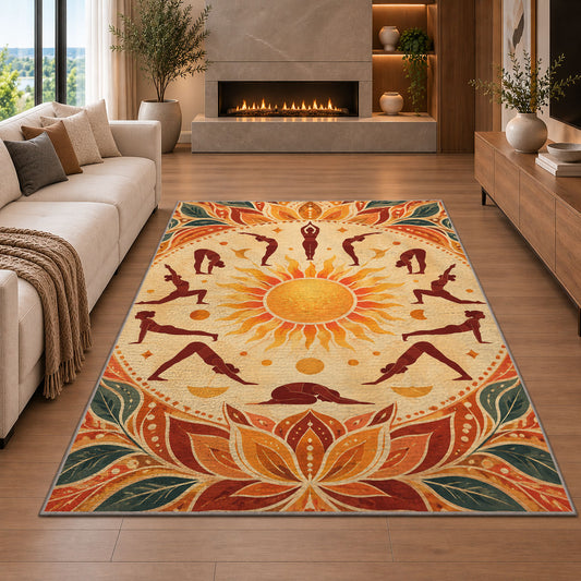 sun salutation yoga rug in a living room with a fireplace