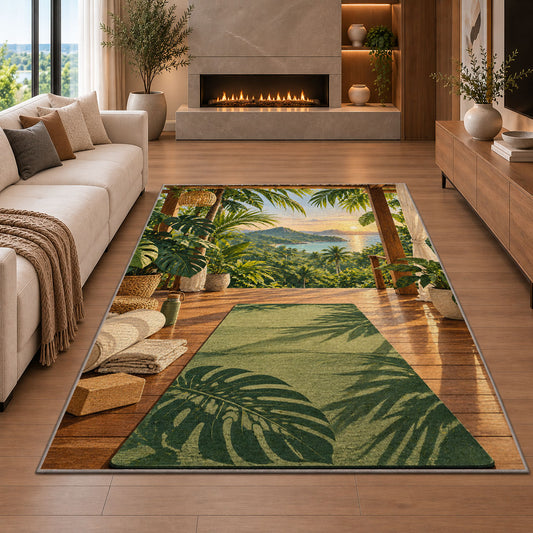 tropical yoga deck rug in a living room with a fireplace