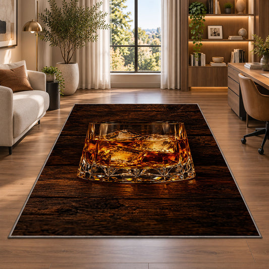 Whiskey on the Rocks Rug in a living room with a desk and large windows