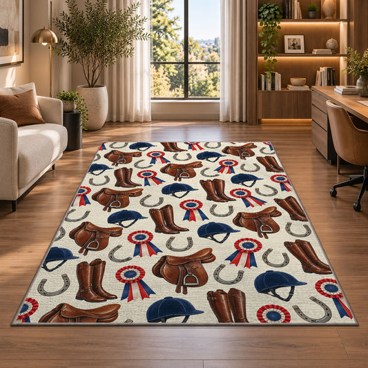 Equestrian Gear Pattern Rug in a living room with a desk and large windows