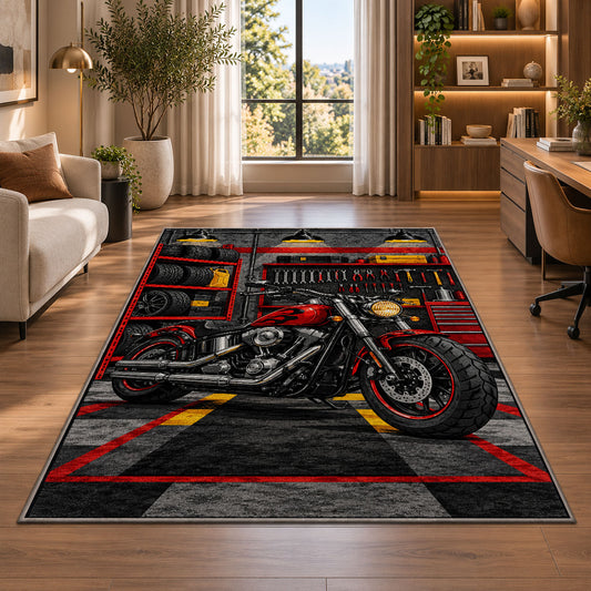 Motorcycle Garage Rug in a living room with a desk and large windows