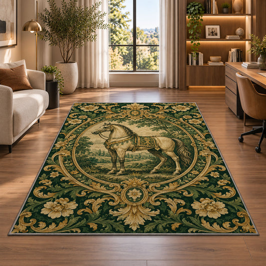 Vintage Engraved Horse Rug in a living room with a desk and large windows