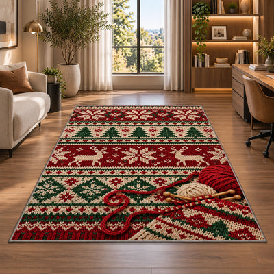 Nordic Knit Pattern Rug in a living room with a desk and large windows