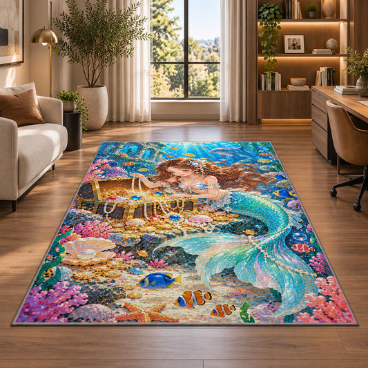 Mermaid and Treasure Chest Rug in a living room with a desk and large windows
