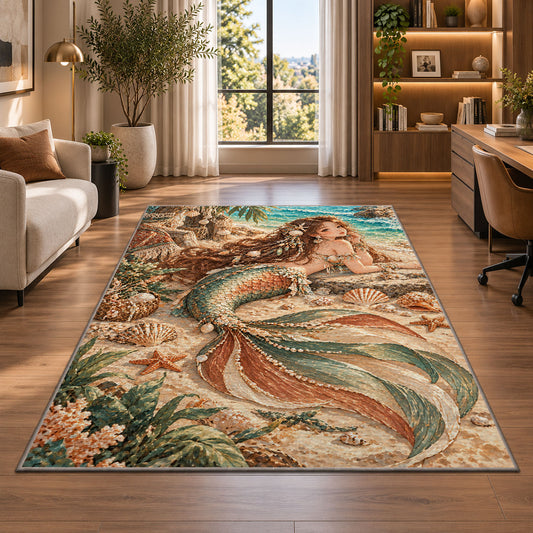 Boho Mermaid Rug in a living room with a desk and large windows
