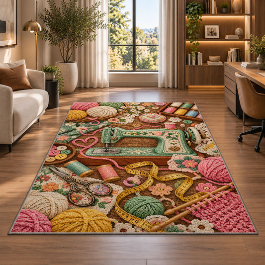 Sewing Machine and Yarn Rug in a living room with a desk and large windows
