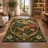 Vintage Engraved Yarn Rug in a living room with a desk and large windows