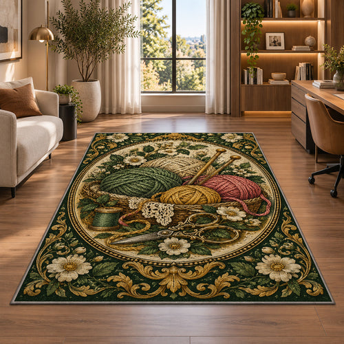 Vintage Engraved Yarn Rug in a living room with a desk and large windows