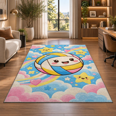 Happy Volleyball Kids Rug in a living room with a desk and large windows