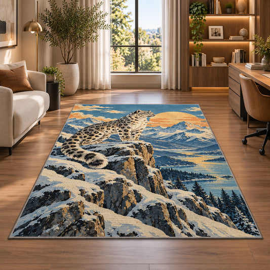 Retro Snow Leopard Poster Rug in a living room with a desk and large windows