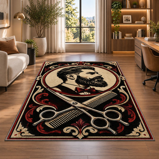 bearded gentleman barber rug in a living room with a desk and large windows