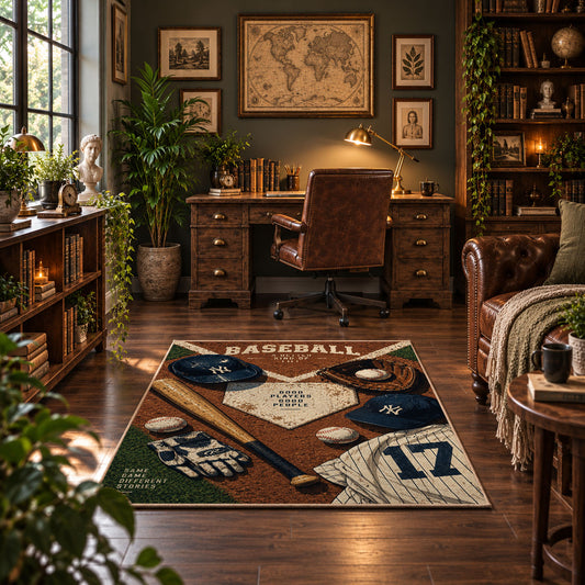 heritage baseball equipment collage area rug displayed in a home office