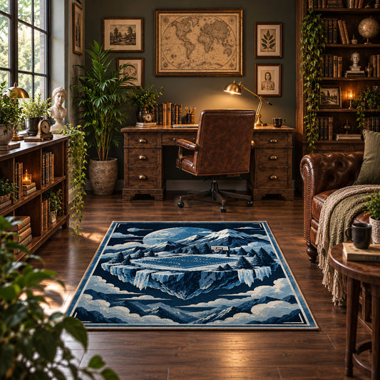 Icy Mountain Basketball Court Rug displayed in a home office