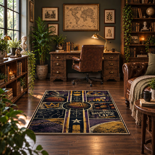 Purple Star Basketball Collage Rug displayed in a home office