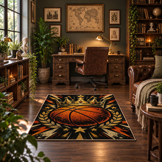 Comic Burst Basketball Rug displayed in a home office