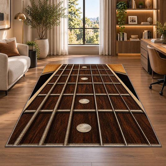 guitar fretboard rug in a living room with a desk and large windows