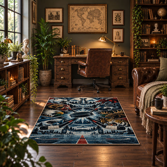 Mountain Hockey Compass Rug displayed in a home office
