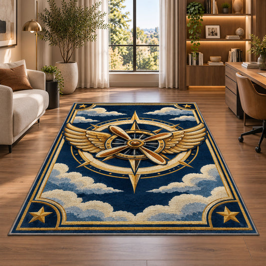 Pilot Wings Rug in a living room with a desk and large windows