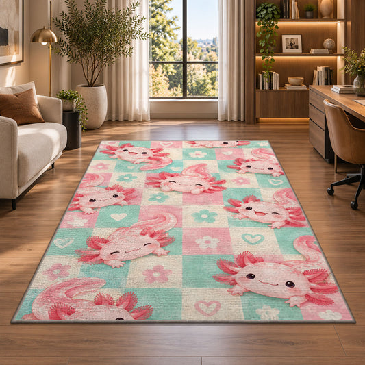 Pastel Checkered Axolotl Rug in a living room with a desk and large windows