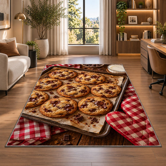 Chocolate chip cookie tray rug in a living room with a desk and large windows