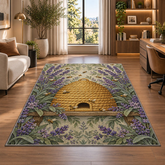 Vintage Straw Beehive Rug in a living room with a desk and large windows