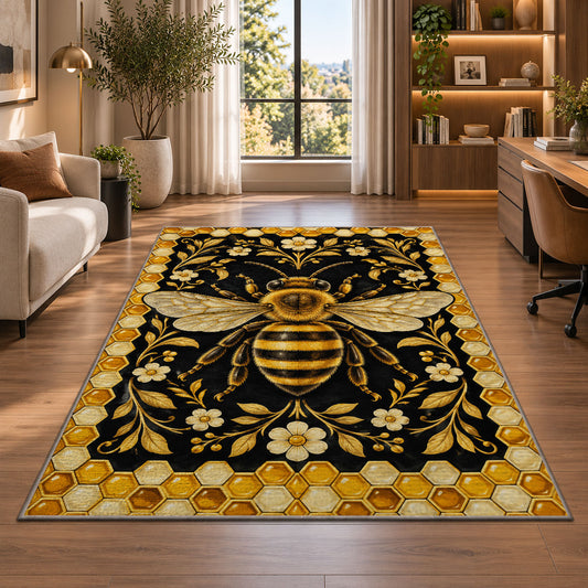 Golden Bee Honeycomb Border Rug in a living room with a desk and large windows