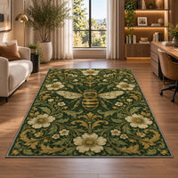 Vintage Engraved Bee Rug in a living room with a desk and large windows