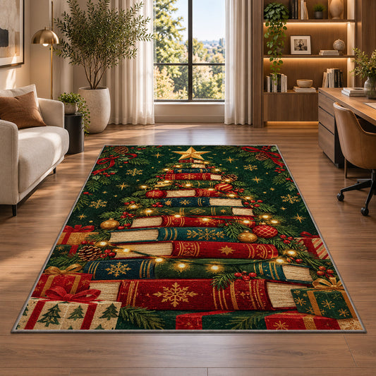 Book Christmas Tree rug in a living room with a desk and large windows