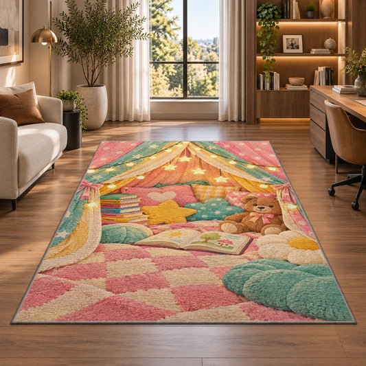 Kids Reading Tent rug in a living room with a desk and large windows
