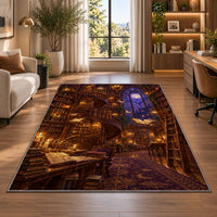 Magical Library rug in a living room with a desk and large windows