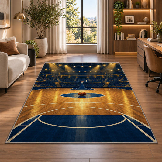 Arena Spotlight Court rug in a living room with a desk and large windows
