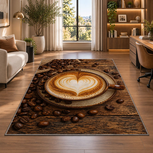 Latte Art Heart Cappuccino rug in a living room with a desk and large windows