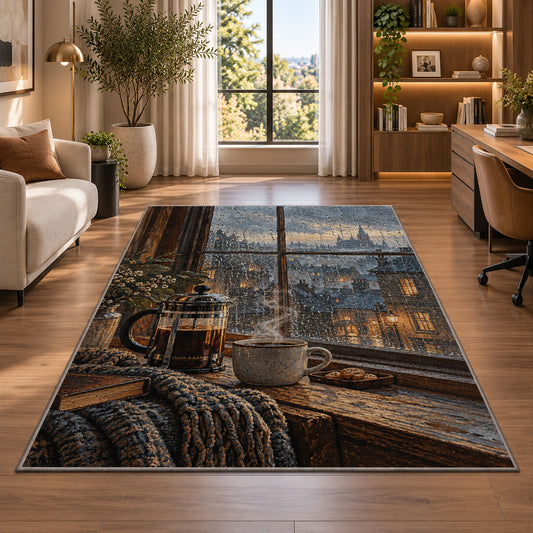 French Press Rainy Window rug in a living room with a desk and large windows