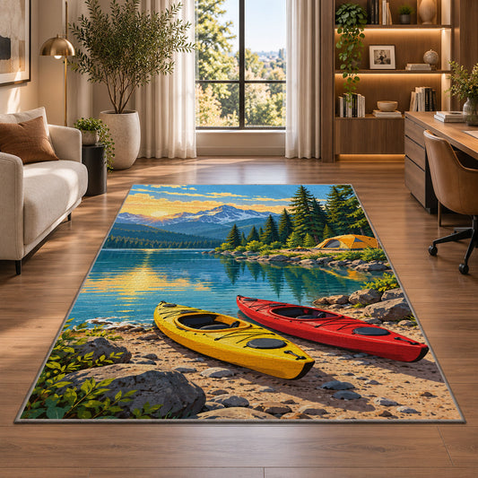 Kayaks on the Lakeshore rug in a living room with a desk and large windows