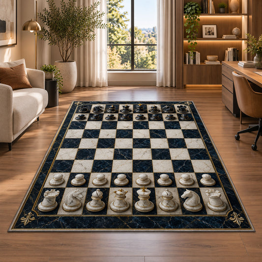 marble chessboard rug in a living room with a desk and large windows
