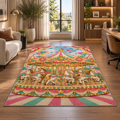 Carousel Rug in a living room with a desk and large windows