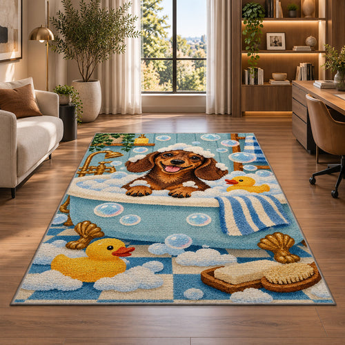 Bath Time Dachshund Rug in a living room with a desk and large windows