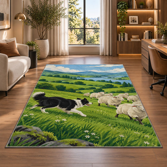 Border Collie Herding Sheep rug in a living room with a desk and large windows