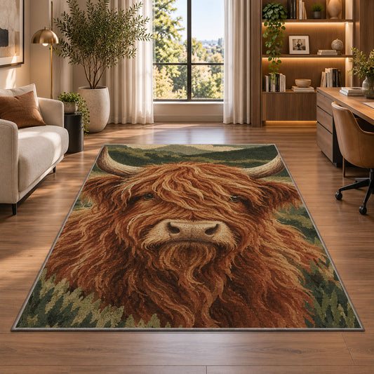 Highland Cow Close-Up rug in a living room with a desk and large windows