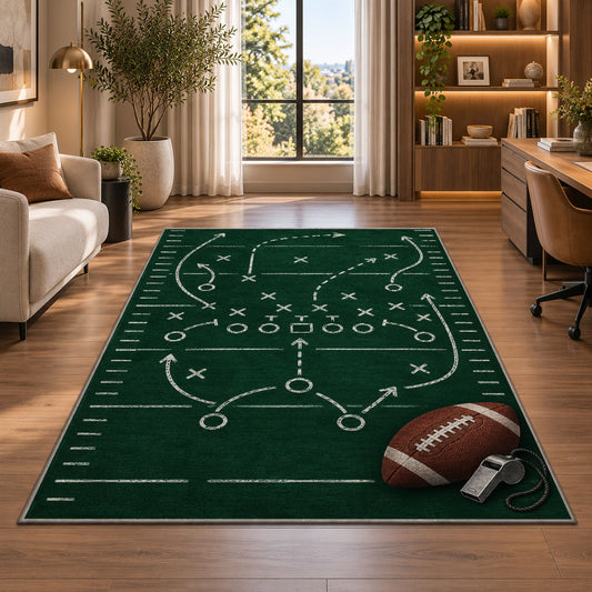 Football Playbook Chalkboard rug in a living room with a desk and large windows