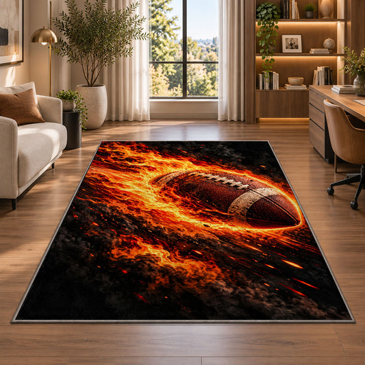 Flaming Football rug in a living room with a desk and large windows